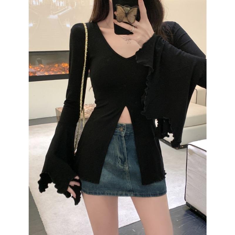 

Real shot open-ended open-button long-sleeved T-shirt women s season slim-fitting inside and outside, bottomed shirt collar top XL чёрный
