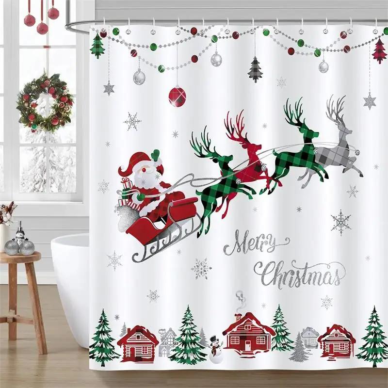 Christmas Shower Curtains Cute Elf Santa Claus Snowman Red Bird Xmas Tree Winter New Year Home Bathroom Curtain Decor With Hooks