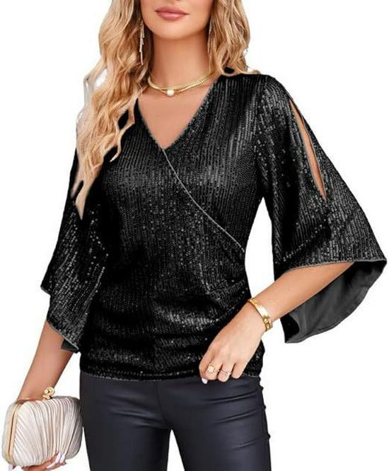 Women's Loose V-neck Sequin Flare Sleeve Top - Trendy Casual Vacation T-shirt