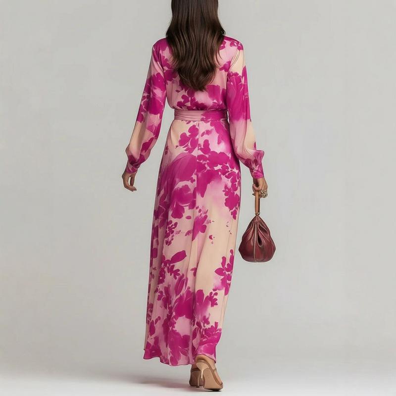 Spring 2026 European and American Style Elegant Printed Chiffon V-neck Tie-up Long Sleeve Dress