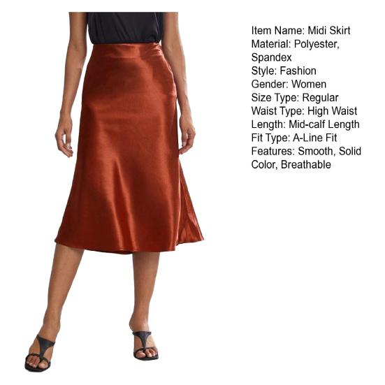 Women Midi Skirt High Waist Satin-Like Shiny Skirt Solid Color
