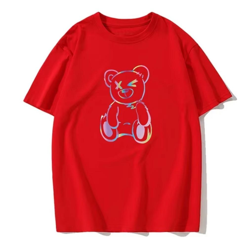 Men's Summer Comfortable and Breathable Short Sleeved Colorful Bear Print Trend Casual Hip-hop Fashion Street Style T-shirt