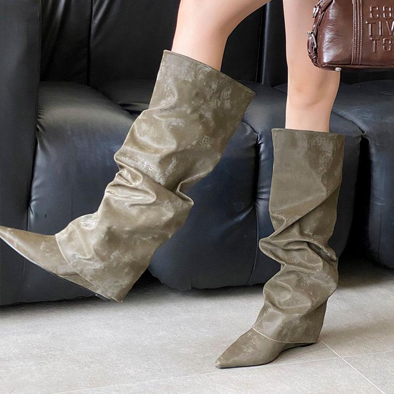 

Мода Мода Плиссированные Женские Сапоги до Колена Современные Сапоги на Клиновидном Каблуке Обувь Острый Носок Женские Длинные Сапоги Женские Туфли 35 зелёный