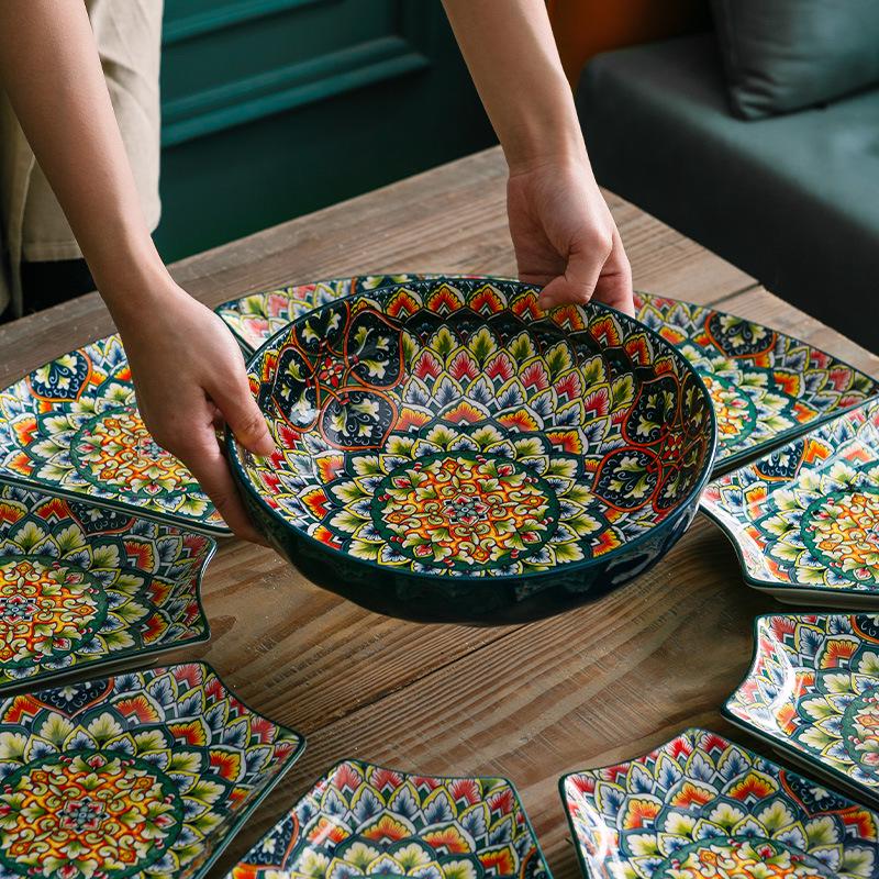 European Bohemian Ceramic Noodle Bowl and Plate Set - Creative Tableware with Unique Design