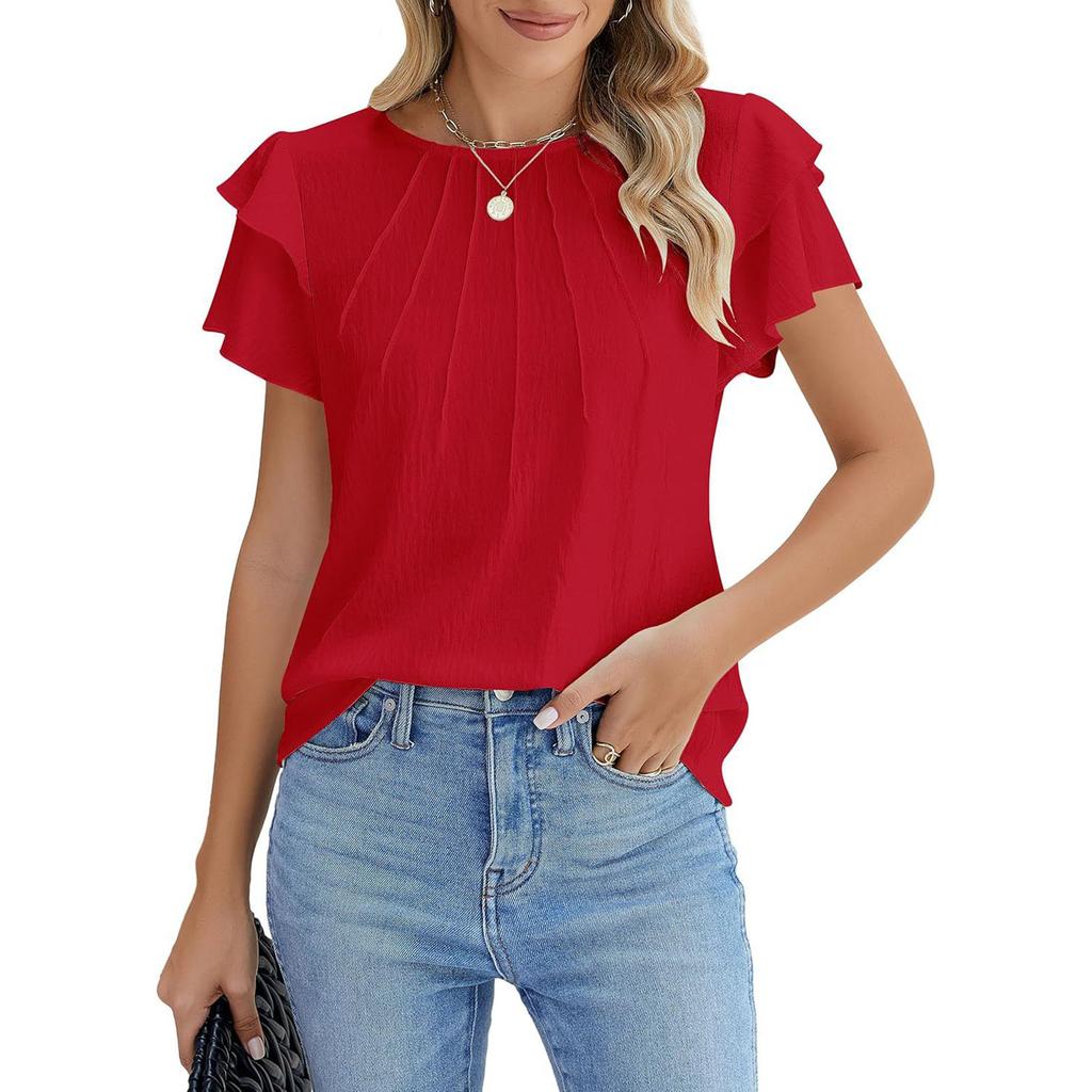 Damenmode Locker geschnitten Rundhals Falten Pullover T-Shirt Kurzarm Top