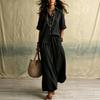 Women's Casual Two Piece Set Color Lapel Collar Button Front Half Sleeve Top and Wide Leg Pants