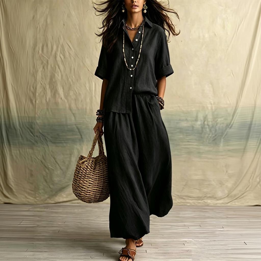 Women's Casual Two Piece Set Color Lapel Collar Button Front Half Sleeve Top and Wide Leg Pants