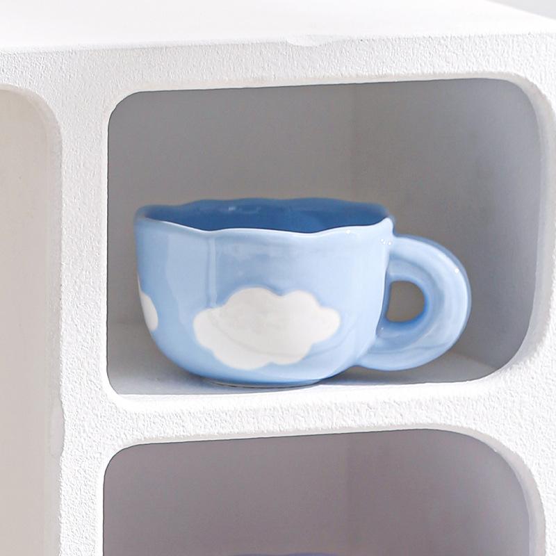 ins wind fluttering sky white clouds coffee cup with saucer set, student milk cup girls drinking water ceramic cup