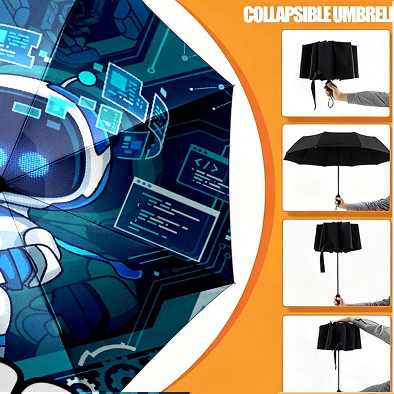 Custom Name Personalized Cosmic Bot Crew Print Umbrella, Auto Open Close, 8‑Rib Sturdy Frame, Commute Camping Hiking Use, Birthday Gift