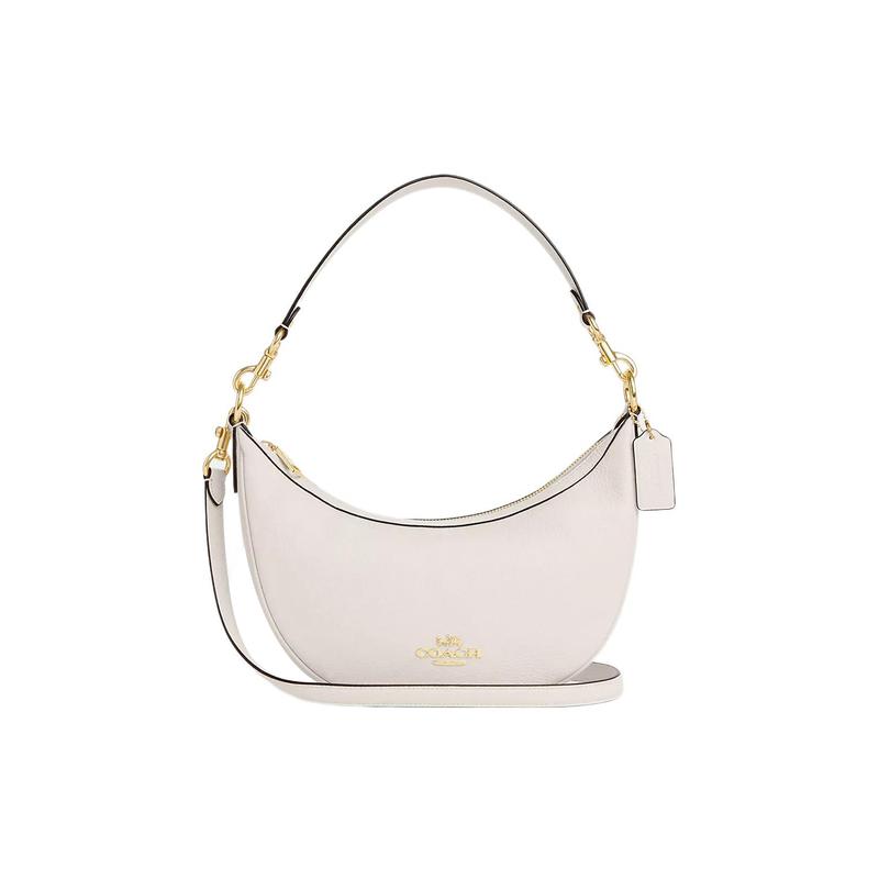 

COACH Aria 26 gold logo logo hardware buckle solid color pebbled zipper cow leather crescent shoulder bag medium size women s gold and chalk white золотий