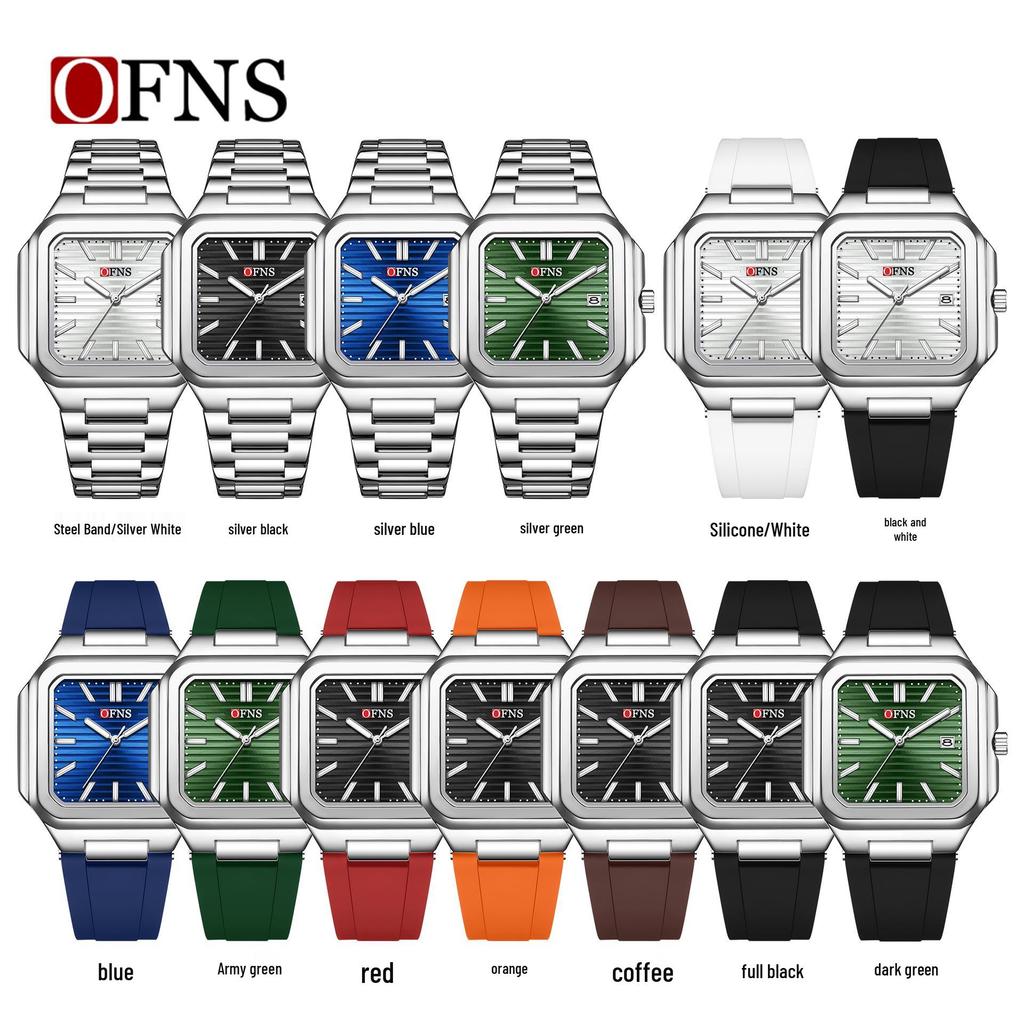 OFNS Luminous Square Steel Band Quartz Watch with Calendar