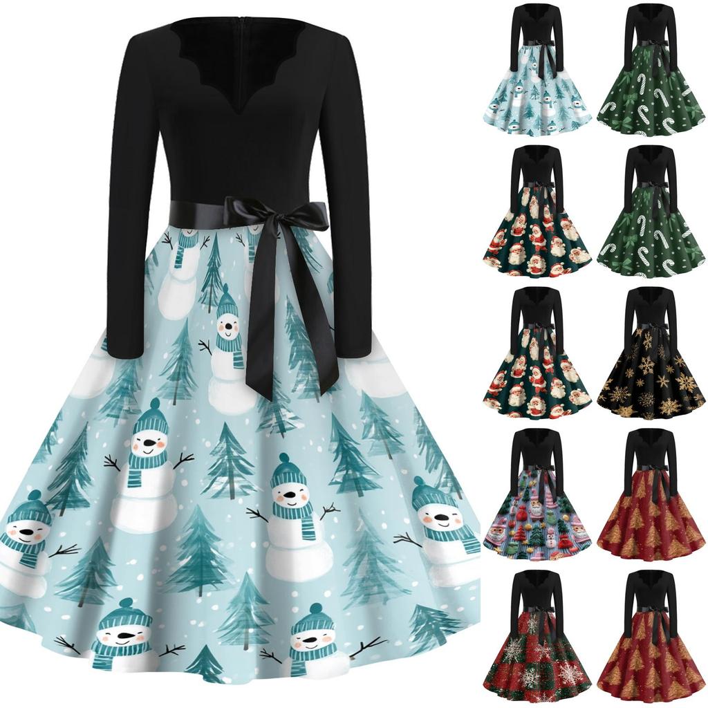 Women's Vintage V-Neck Long Sleeve Christmas Print Casual Dress