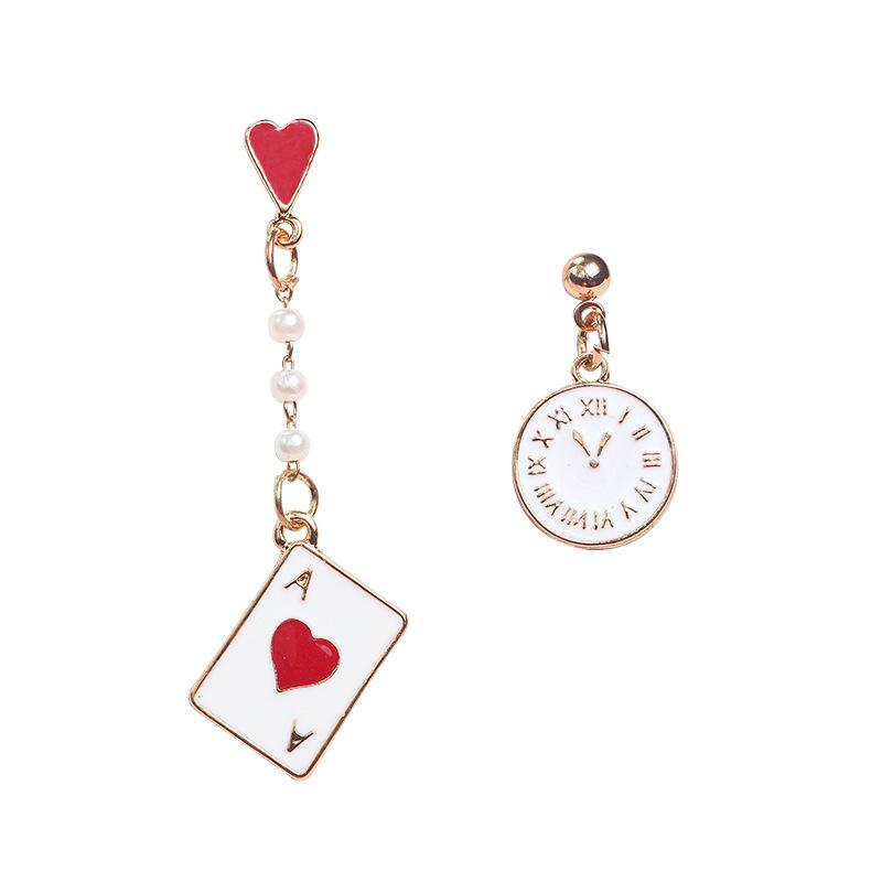 Korean girl asymmetrical playing card clock earrings, sweet Alice dripping pearl cute stud earrings