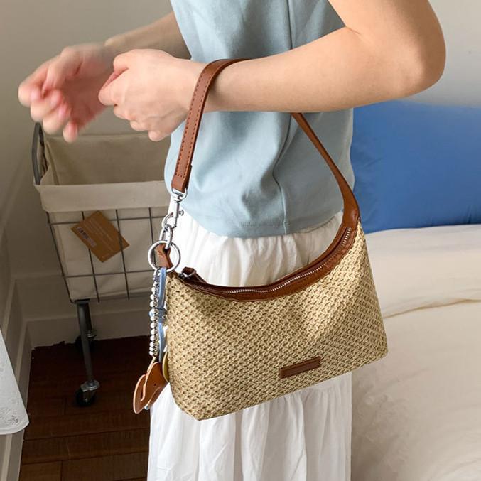 IELGY Straw Bag Summer All-Match Cross-Body Bucket Bag
