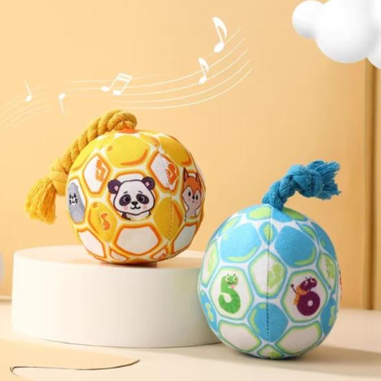 Plush Ball Dog Chew Toy Boredom Stress Relief Bite Resistant Squeaky Cartoon Ball Toy with Cotton Rope Pet Teething Cleaning Toy