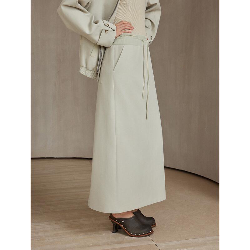 ELLE Ruffle Trim Drawstring Linen Blend Midi Skirt
