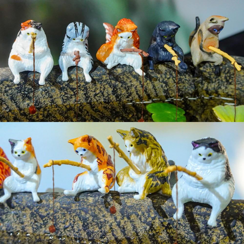 1/5pcs Cute Fishing Cat Ornaments Resin Fish Landscaping Mini Statue Cartoon Figurine Miniatures DIY Handcraft Home Decorations