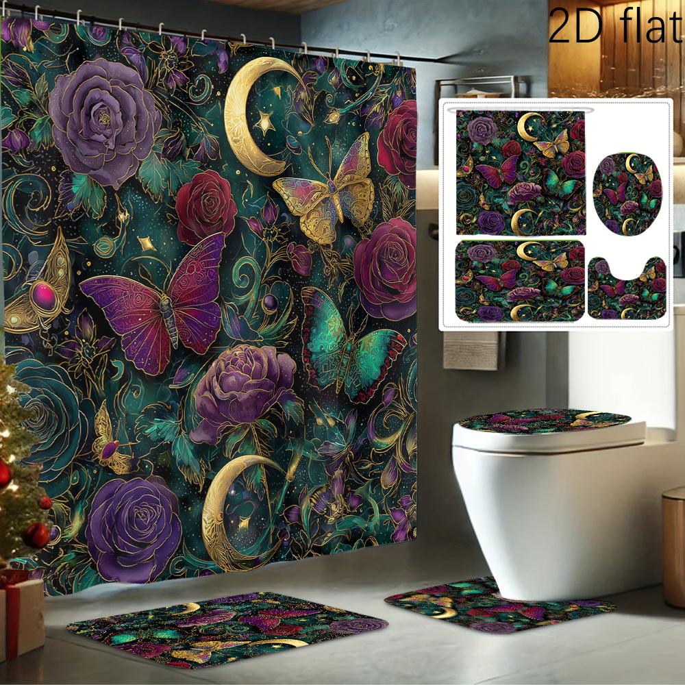 

2Dflat 4pcs Dreamy Butterfly Night Moon Print Shower Curtain Set, Bathroom Decor Kit Includes Shower Liner, Non-Slip Mat 90x180cm