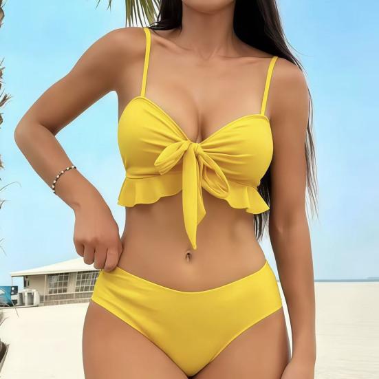 3Pcs/Set Swimsuit Set Bowknot Lace-up Ruffle Hem Sling Bra High Waist Swimming Trunks Side Drawstring Mesh Skirt Set Hot Spring Pool Swimwear