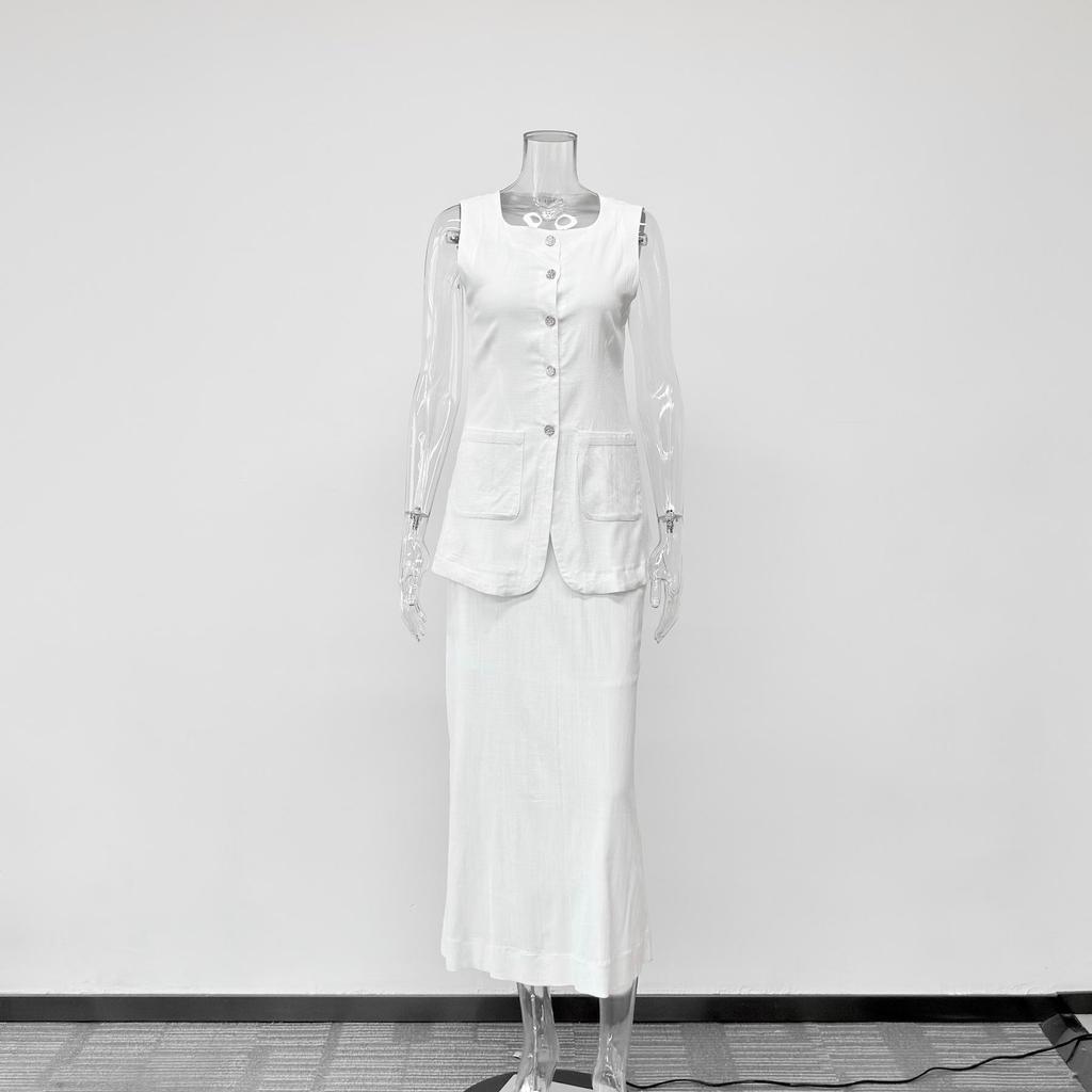 Capable Solid Color Linen Blend Micro-Elastic Vest & Long Dress Two-Piece Set - Summer/Autumn for Work or Casual Wear