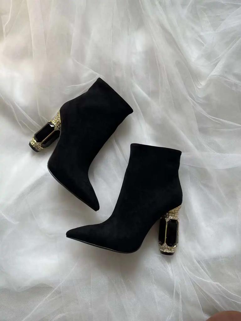 Mode Schwarz/grün Grüner Edelstein Absatz Stiefeletten Wildleder High Heel Stiefel Spitz Zehenbereich Seitenreißverschluss Mode Damenschuhe Kurz-/Langstiefel