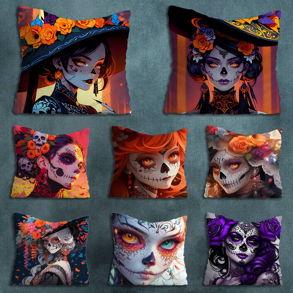 Cartoon Skull Girl Catrina Pillow Case For 30x30cm45x45cm55x55cm For Home Bedroom Decoration And Protector