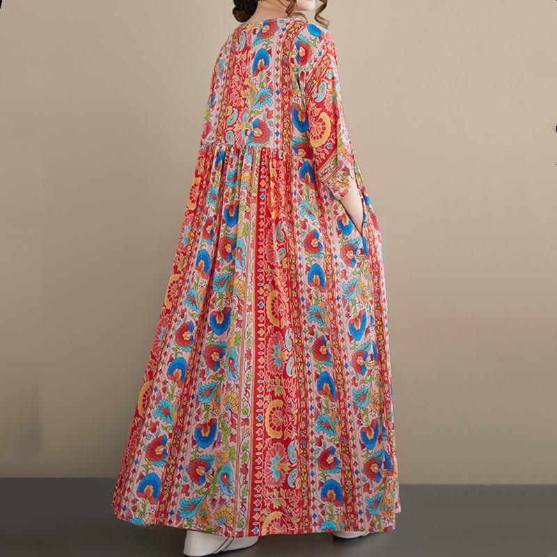 Kurzarm Plus Size Baumwolle Vintage Blumenmuster Neu in Kleidern für Damen lässig locker langes Sommerkleid
