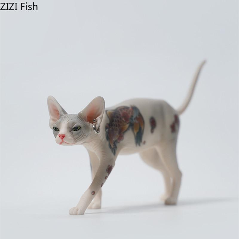 Mini Hairless Cat Model Creative Tattoo Cat Resin Simulation Animal Statue Decoration Modern Car Home Decoration Accessories