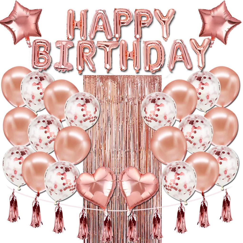 Rose Gold Birthday Party Sequin Tassel Backdrop and Balloon Set