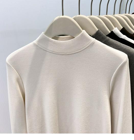 Autumn/Winter 2025 Women's Ribbed Half-High Neck Velvet-Lined Base Layer Shirt with Stand Collar