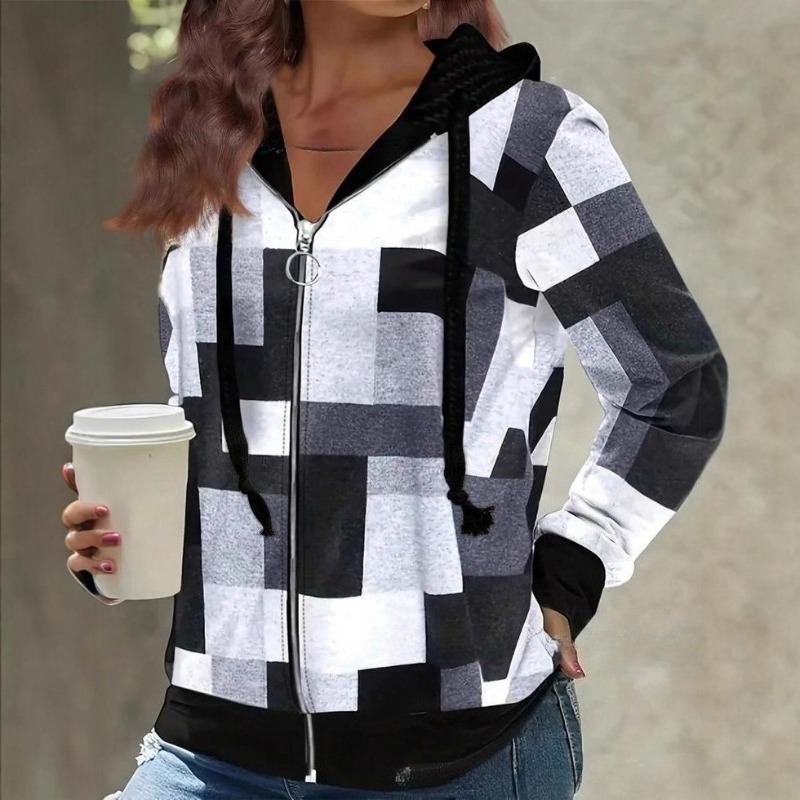 

Осенние женские толстовки с капюшоном, модная куртка-кардиган с клетчатым узором на молнии и планкой, обычная посадка с длинными рукавами, повседневное пальто с капюшоном, весенне-осенняя женская одежда XL белый