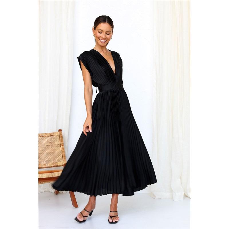 Damen Sexy Plissiertes V-Ausschnitt Taillenkleid Sommer Lässig Locker Reißverschluss Ärmellos Einfarbig Plissierter Langer Rock Für Party