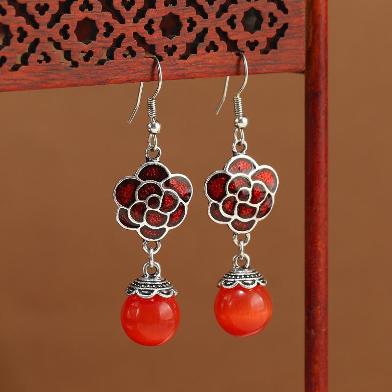 

Niche design new Chinese flower earrings femininity simple opal earrings long ethnic style earrings