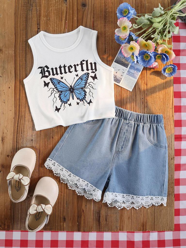 Two-piece girls' outdoor casual vacation set: sleeveless cropped tank top with butterfly design and comfortable, simple lace denim shorts.