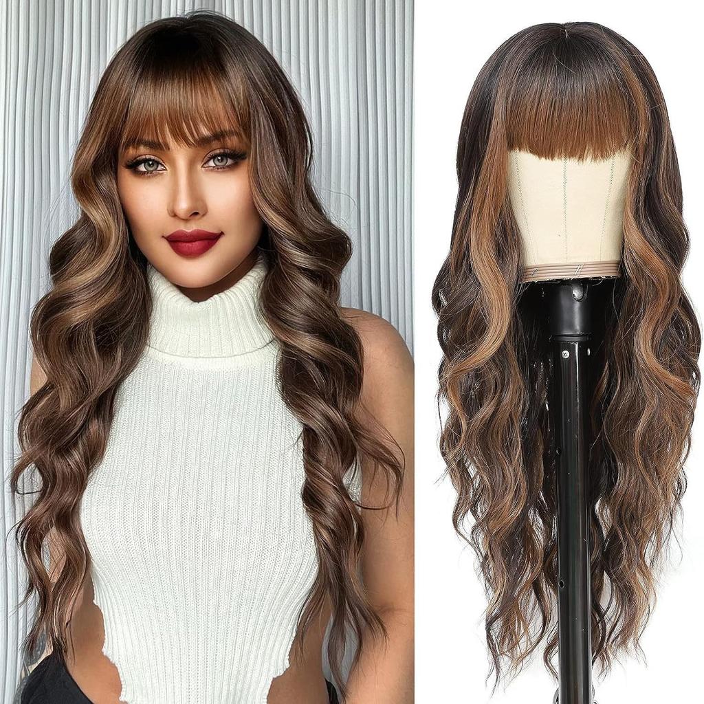 Bangs 26 Inches Deep Wave Body Wave Long Curly Synthetic Hair Wig Heat-Resistant Glueless European American Women High