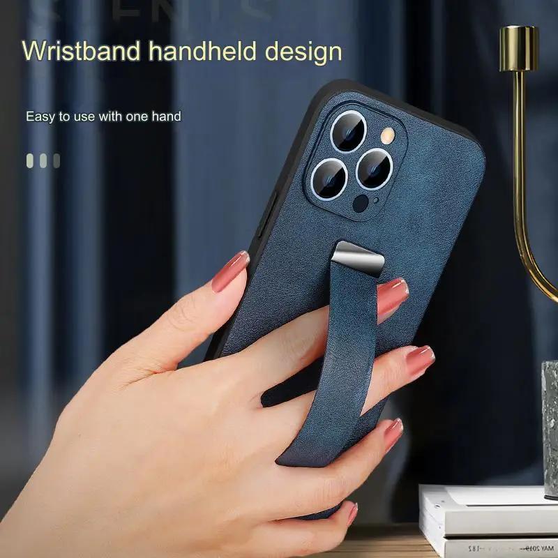 Elegant Wristband Leather Case For iPhone 17 Air 16 Pro Max 15 Plus Streatchable Stand Cover Elegant Business Finger Ring
