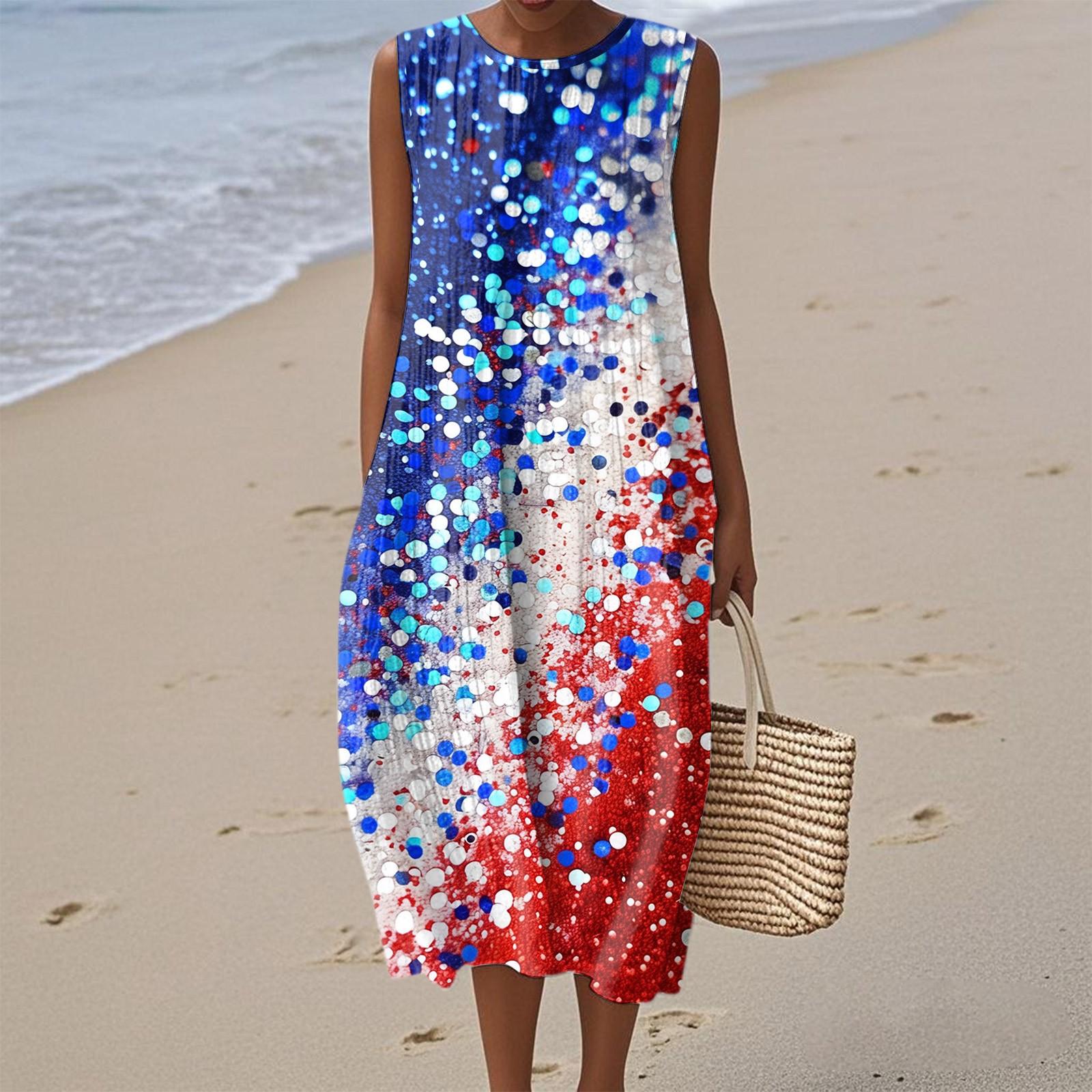 

Женское модное повседневное платье без рукавов с круглым вырезом и принтом ко Дню независимости, элегантное и сдержанное XL арбуз красный