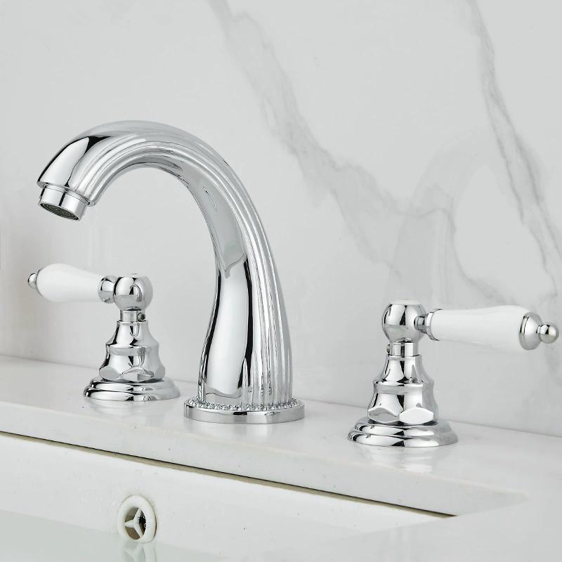 Tuqiu Gold Bathroom Faucet Widespread Sink Tap Brass Antique Basin Faucet Black Lavotory Faucet 3 Hole Hot & Cold Water Tap