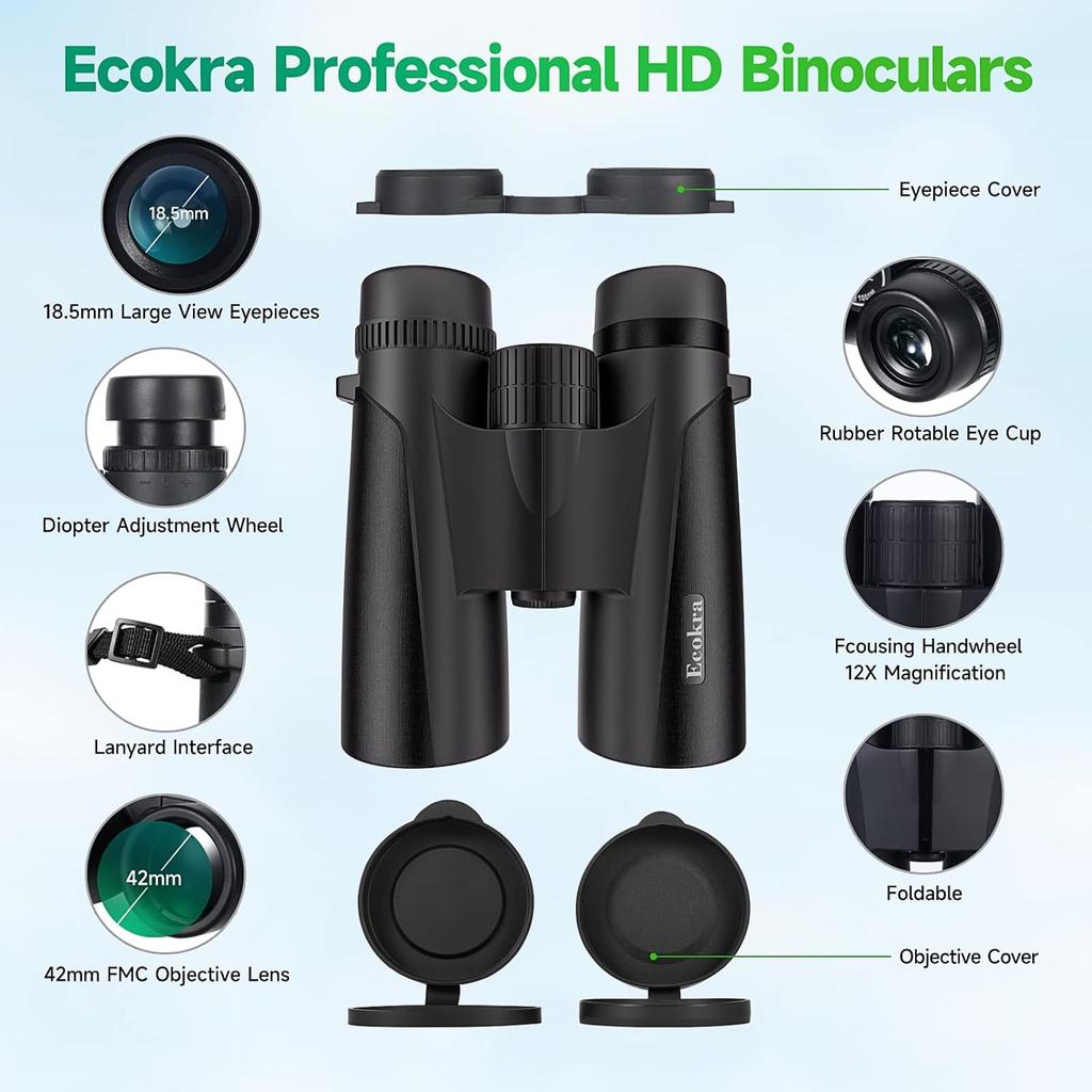 12x42 HD Binoculars for Adults, High Power Binoculars with Tripod Phone Adapter, Waterproof Compact Binoculars for Bird Watching Hunting Stargazing,
