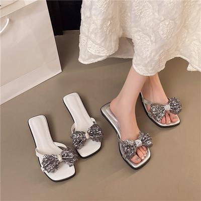 Modische vielseitige Strassschleife High-Heel-Sandalen und -Slipper für Damen Sommer Neue Mode Außenschuhe Weichsohlige Zehenfreie Schuhe