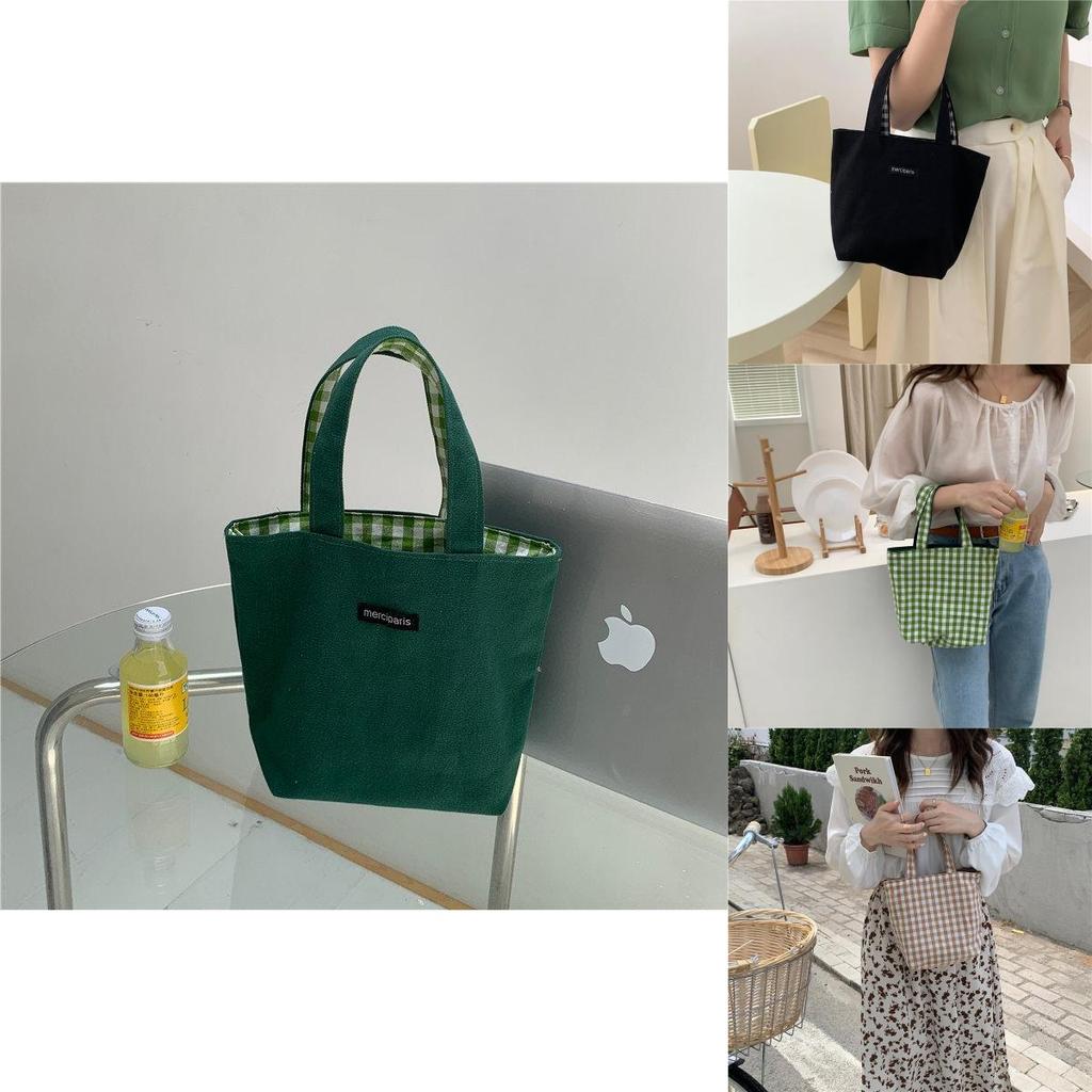 Versatile Double-sided Checkered Canvas Bag Stylish Handheld Tote For Students