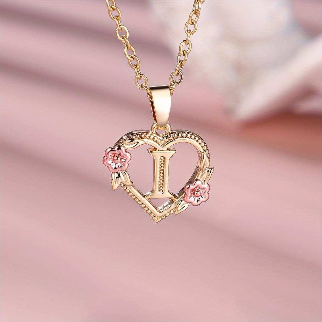 1 Pc Golden Color 26 English Letter Heart Necklace Rose Flower Pendant Wedding Band Jewelry Valentine's Day Gift