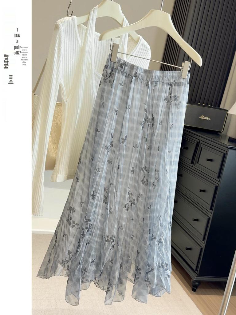 Women's Summer High Waist Irregular Hem Plaid Chiffon Skirt