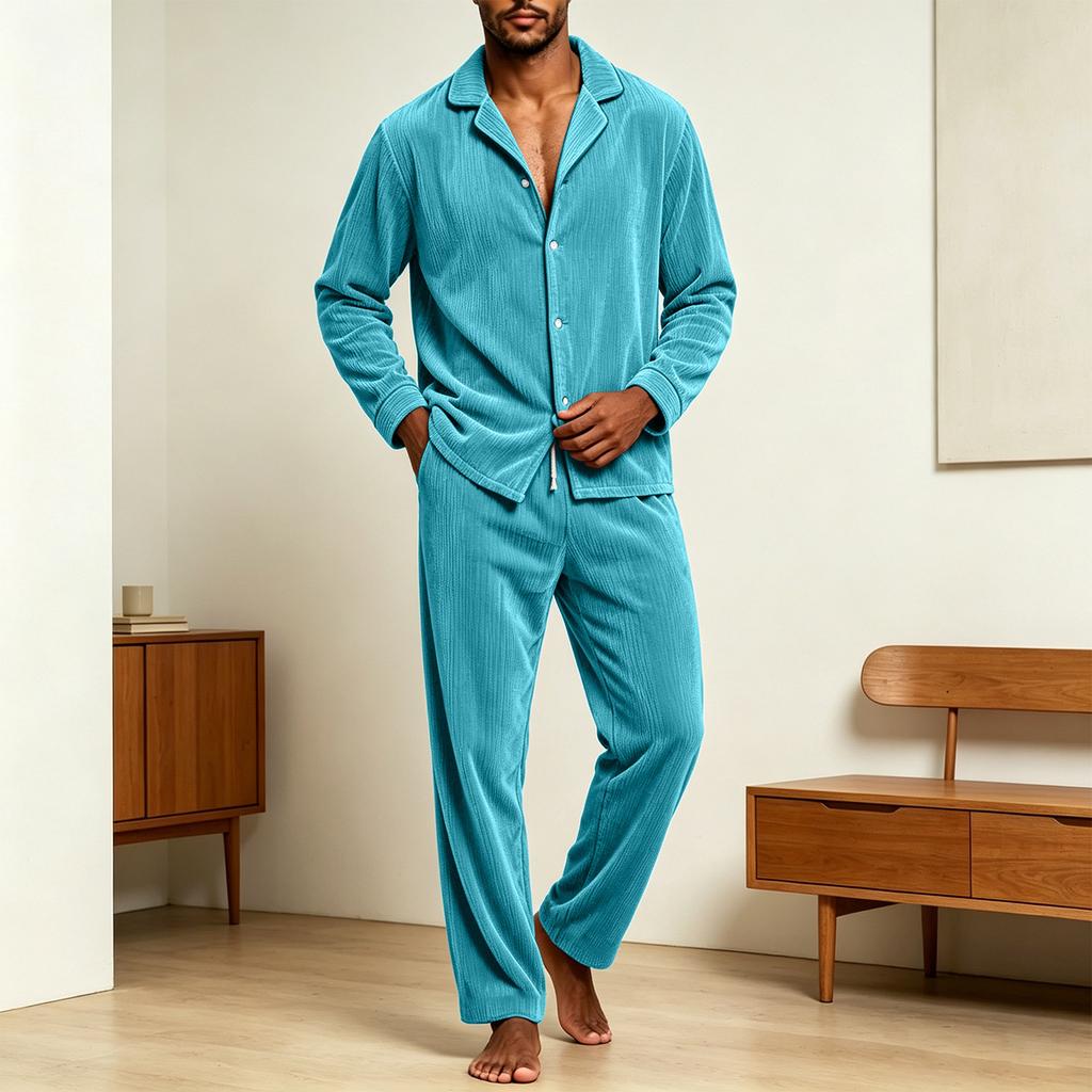 Men's Casual Loose Fit Corduroy Pajama Set with Button-Front Long Sleeve Top and Pants