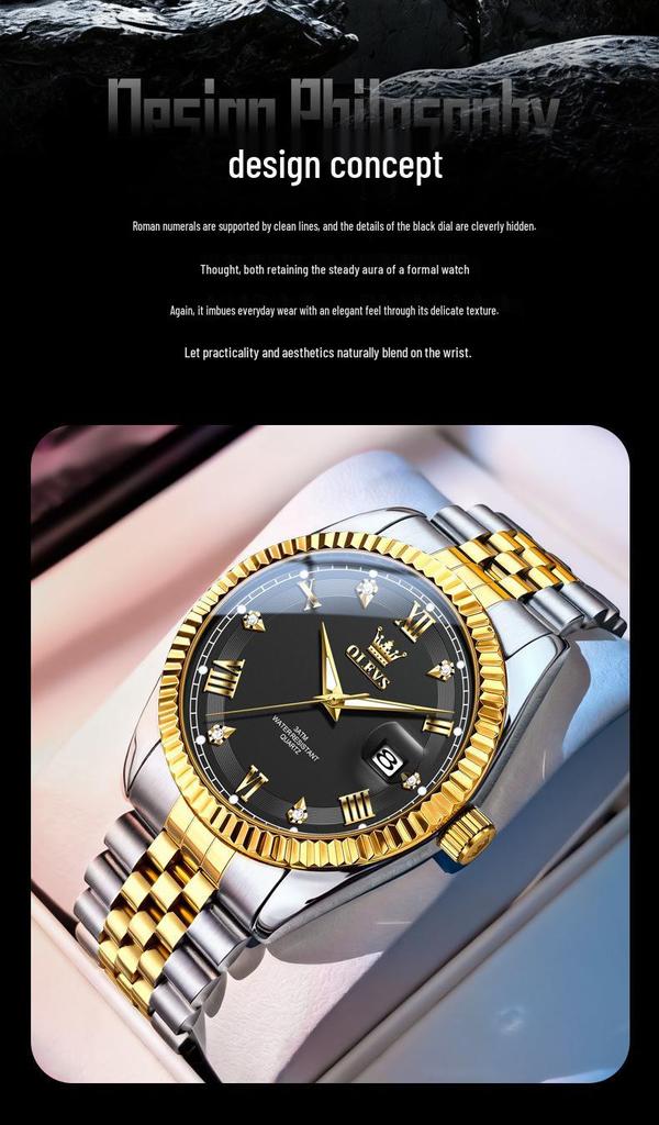 Oulishi Men's Quartz Watch: Single Calendar, Solid Band, Business Waterproof, Luminous