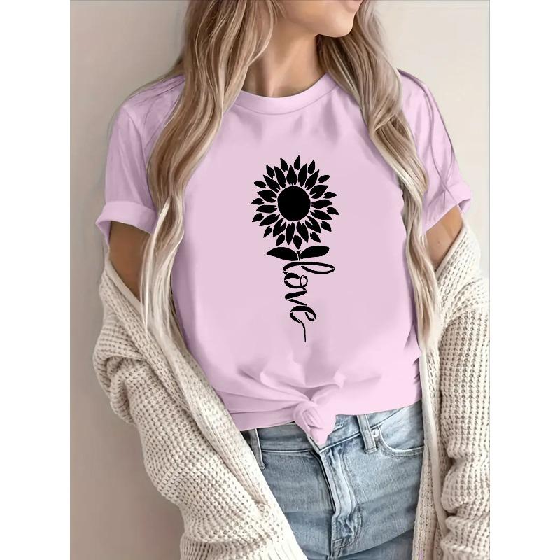 Women's Short Sleeve Crew Neck T-Shirt - Spring Summer Casual Blouse Suitable for Warm Weather, Opaque Round Neck Top with Minimalist Letter