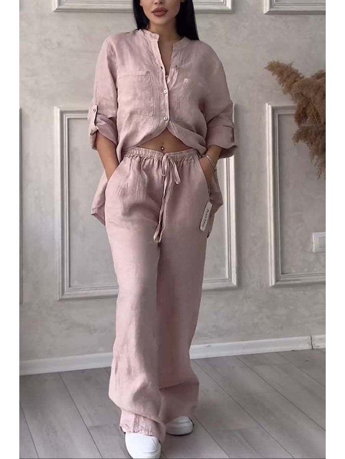 2025 European & American Casual Cotton Linen Shirt & Drawstring Wide-Leg Pants Set