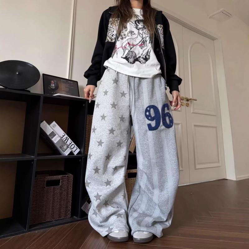 Unisex Loose Fit Streetwear Cargo Pants With Star Stripe Print Gray Wide Leg Trousers Dance Casual Wear