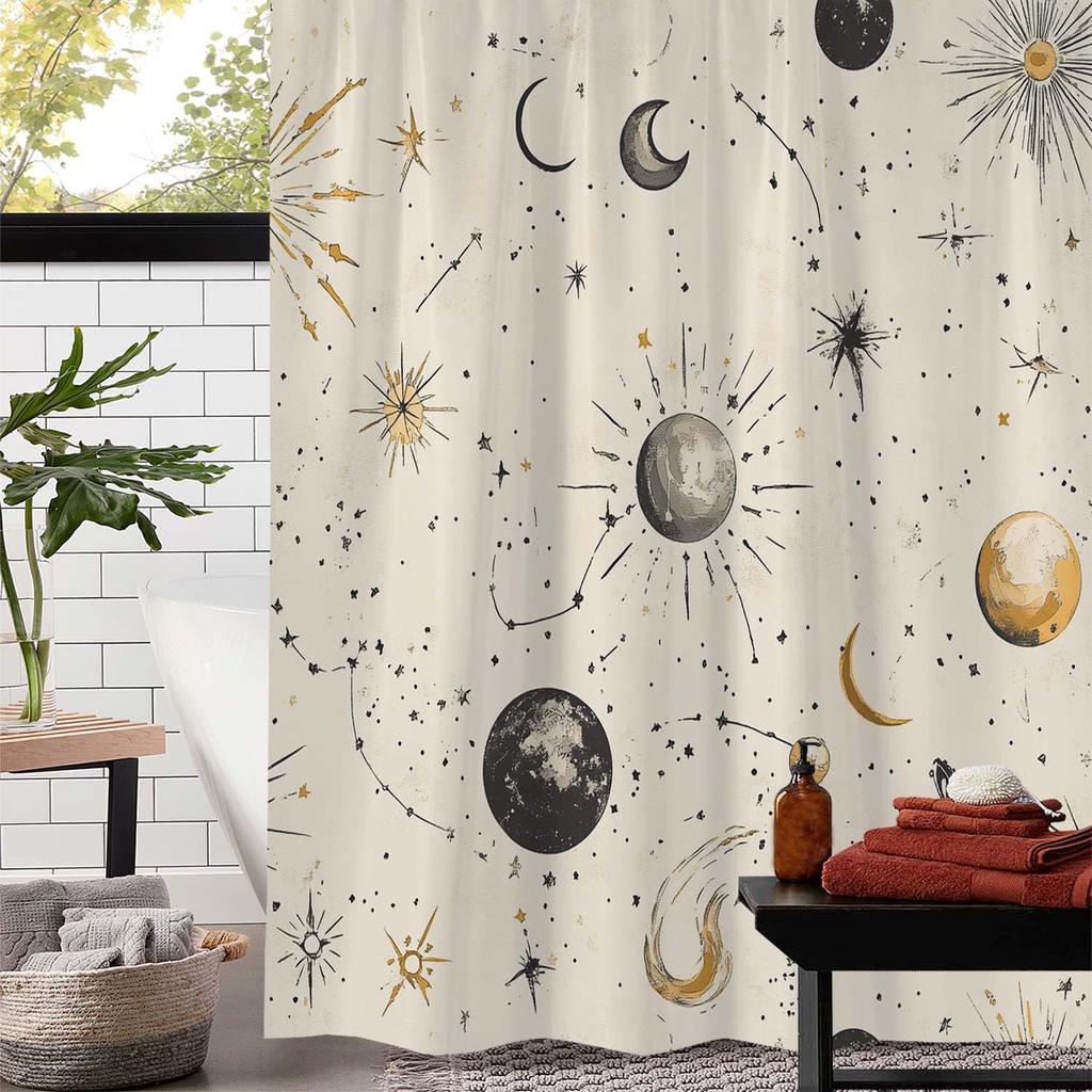 1pc Minimalist Star & Moon Shower Curtain - Waterproof Polyester, 12 Hooks, Machine Washable, Includes Window Curtain