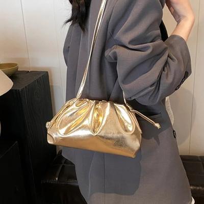 Small Luxury Design Women's Soft PU Leather Gold Silver Cloud Hobo Bag Elegant Dressy Handbag Ruched Dumpling Party Clutch Purse